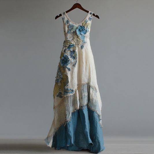 Women's Vintage Oil Painting Floral Art Gradient Linen Sleeveless Dress artswardrobe