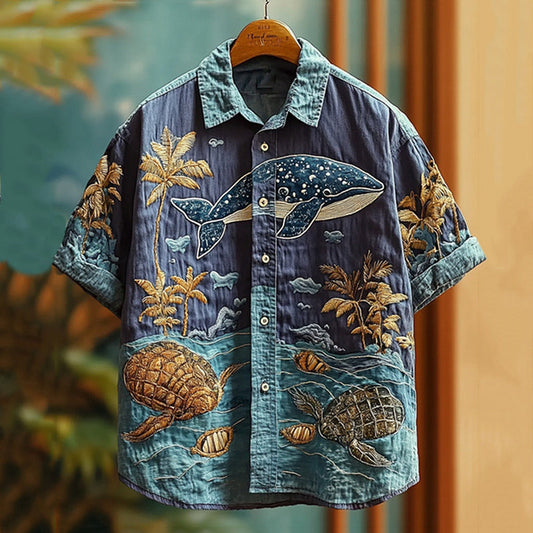 Men's Embroidered Sea Life Whale Vacation Hawaiian Shirt artswardrobe