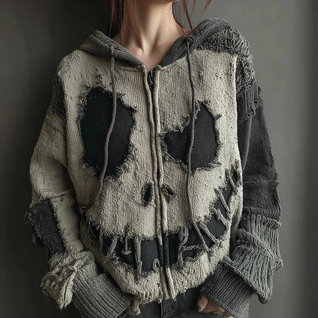 Halloween Spooky Smiley Face Knitted Warm Hooded Zip-up Sweater elevenforest