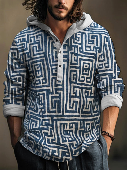 Greek Geometric Men's Hooded Linen Shirt artswardrobe