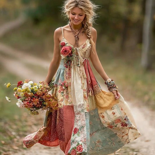 Women's Vintage Boho Floral Art Patchwork Comfy Midi Dress artswardrobe