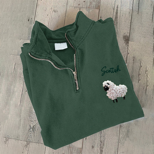 Vintage Scotland Highland Sheep Embroidery Zipper Casual Sweatshirt artswardrobe