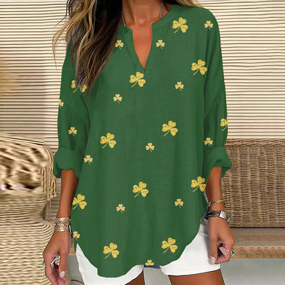 Comstylish Women's St. Patrick's Shamrock Print V-neck Linen Blend Blouse