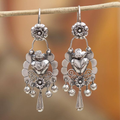 Dangling Silver Heart Flower Earrings