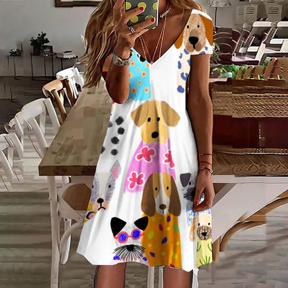 Comstylish Women's Colorful Cute Dogs Casual Midi Dress
