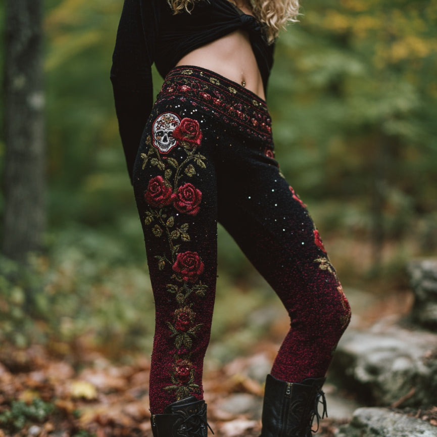 Women's Vintage Skull And Rose Pattern Comfortable Leggings elevenforest