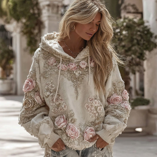 Women's Vintage Floral Embroidery Art Casual Hoodie artswardrobe
