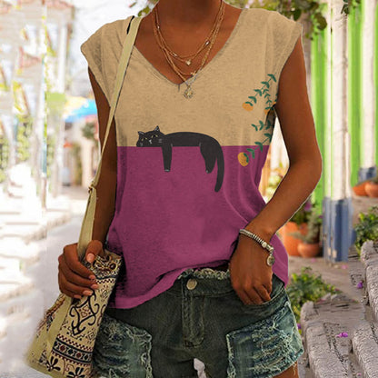 Abstract Creative Lazy Black Cat Art Painting Art Tank Top elevenforest