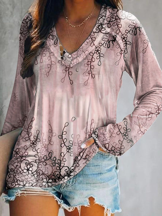 Women's Simple Floral Art Print Casual V-Neck Long Sleeve Top