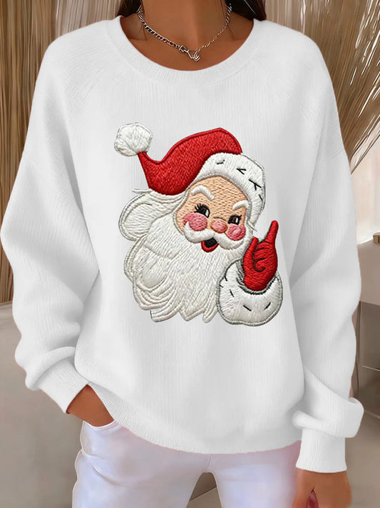 Comstylish Women's Christmas Santa Claus Art Print Ribbed Round-neck Sweatshirt