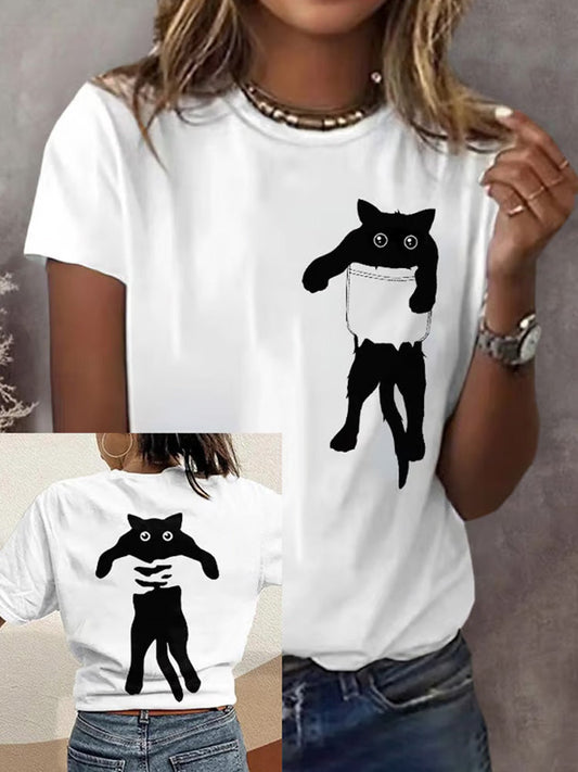 Comstylish Women's Casual Catch Black Cat Print Short Sleeve T-shirt