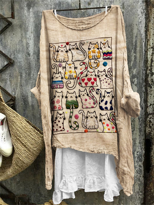 Colorful Cats Embroidered Art Linen Blend Tunic elevenforest