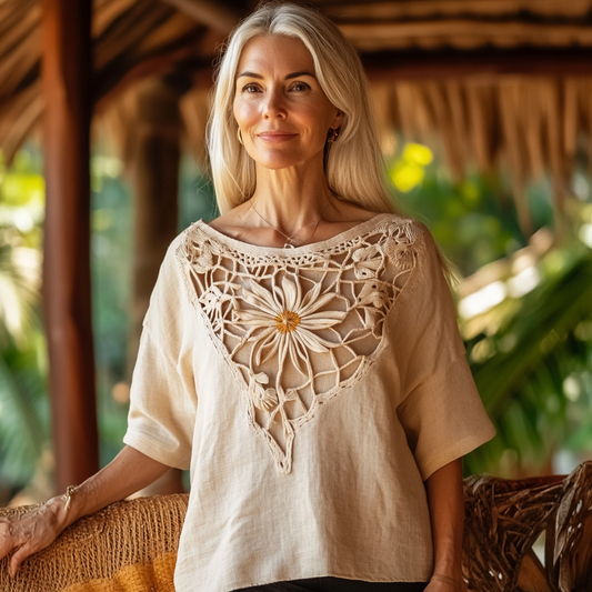 Women's Vintage Bohemian Floral Cotton And Linen T-shirt artswardrobe