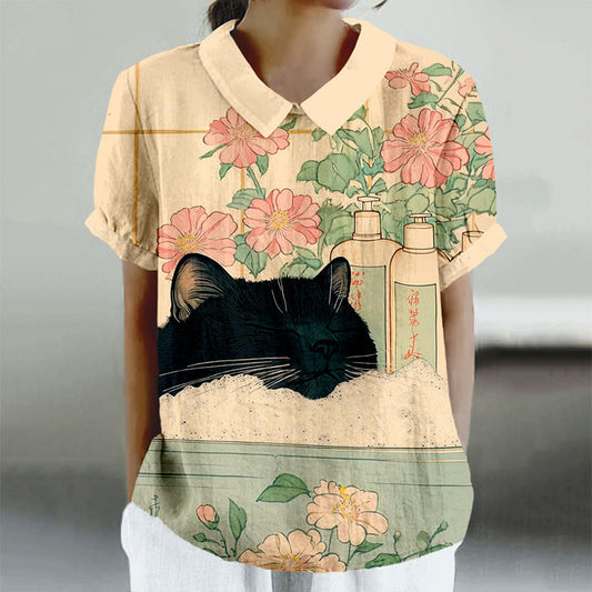 Comstylish Vintage Black Cat In A Bathtub Japanese Art Linen Shirt