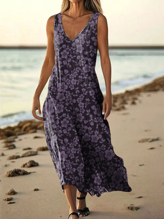 Women's Vintage Floral Art Print Pocket Cotton Dress