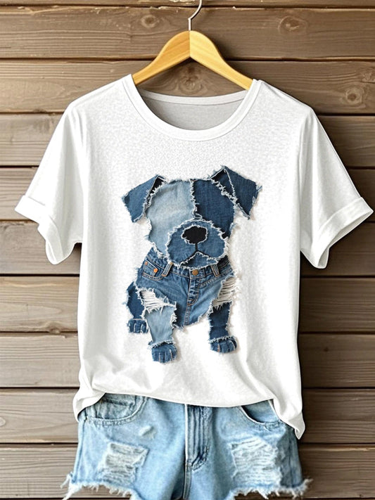 Women's Dog Pattern Denim Patchwork Art T-shirt elevenforest