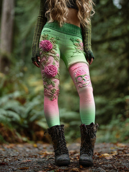 Women's Vintage Skull And Rose Patchwork Comfortable Leggings elevenforest