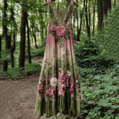 Vintage Classy Boho Gradient Pink Roses Embroidered Linen Maxi Dress artswardrobe