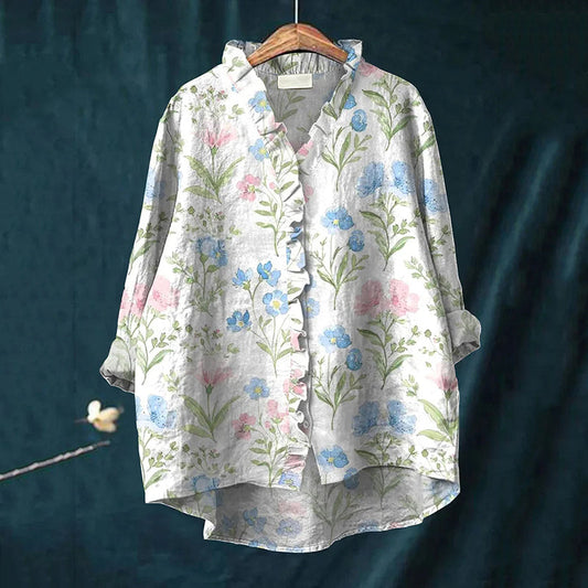 Elegant Floral Patchwork Pattern Art Linen Ruffle Shirt artswardrobe