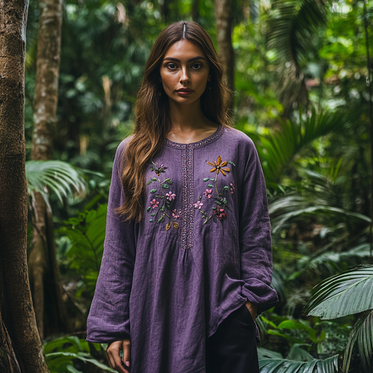 Comstylish Bohemian Embroidered Linen Crew Neck Shirt