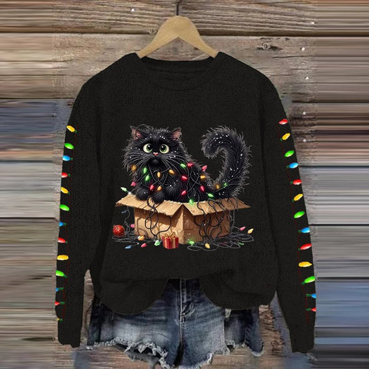 Comstylish Women's Christmas Cat Print Crew Neck Casual Sweatshirt