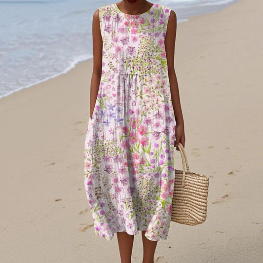 Vintage Loose Floral Art Linen Tank Dress artswardrobe