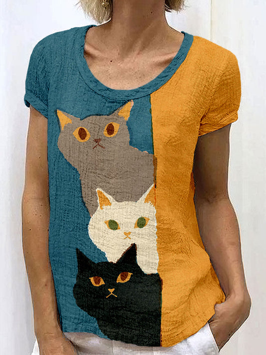 Comstylish Cute Peeking Cats Pattern Linen Blend Cozy Shirt