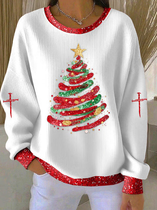 Comstylish Women's Casual Pink Christmas Tree Textured Sweatshirt