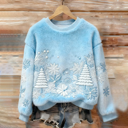 Comstylish Women's Christmas Tree Embroidery Art Comfort Plush Sweatshirt