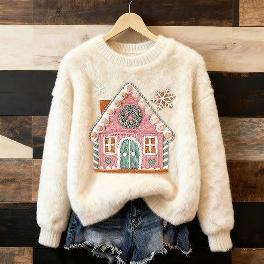 Comstylish Women's Christmas Embroidery Art Comfort Plush Sweatshirt