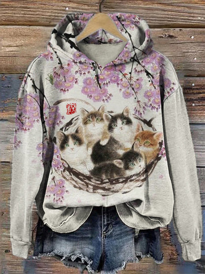 Fuzzy Cat Under Floral Tree Art Cozy Hoodie elevenforest