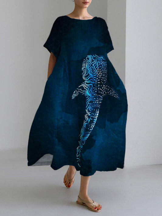 Comstylish Luminous Line Whale Tie-Dye Print Linen Blend Maxi Dress