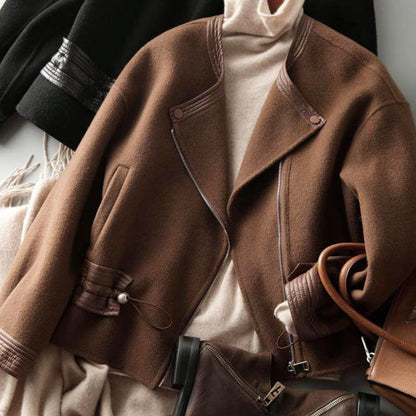 Design sense drawstring waist elegant woolen coat