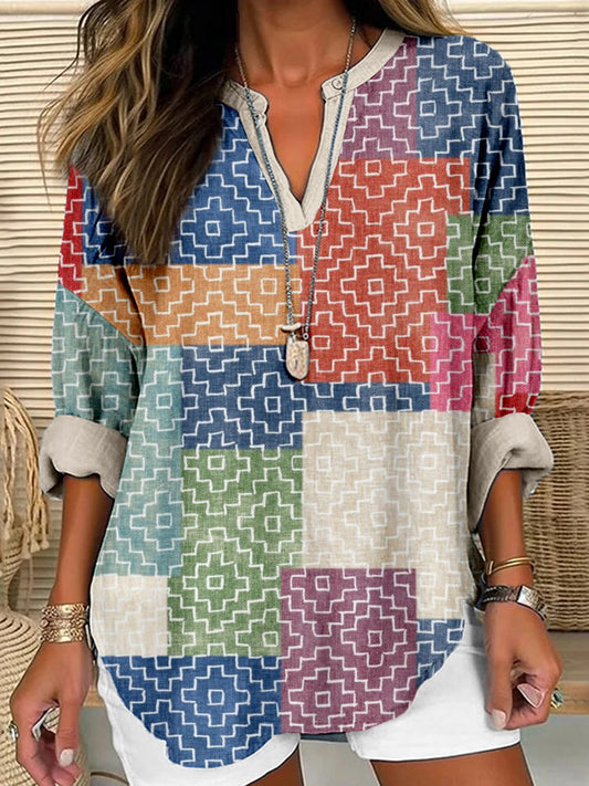 Comstylish Japanese Sashiko Patches Art Linen Blend Cozy Shirt