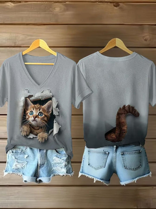 Comstylish Women's Animal Print Cat Short Sleeve V Neck T-shirt