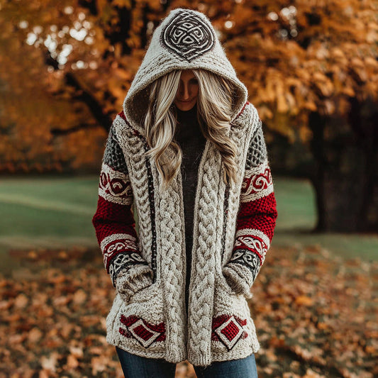 Women's Classic Celtic Knot Jacquard Contrast Print Knit Hoodie artswardrobe