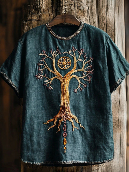 Viking Tree Of Life Embroidered Art Men's Linen T-shirt artswardrobe