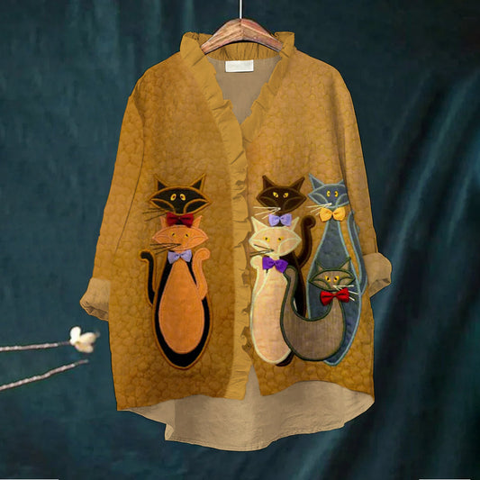 Elegant Cat Embroidery Women's Ruffle Neck Trim Linen Shirt elevenforest
