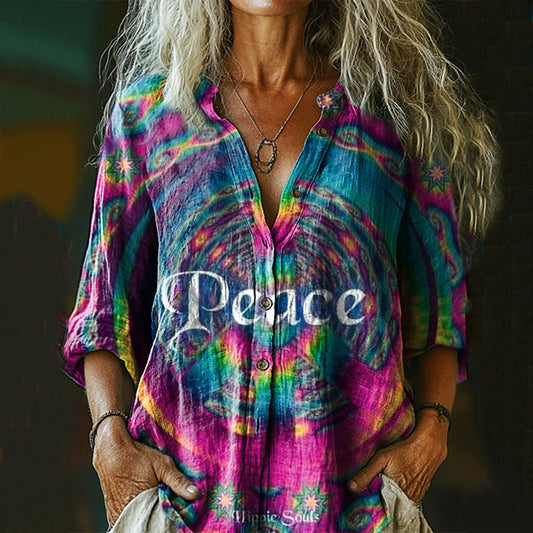 Comstylish Women's Hippie Art Print Casual Cotton Linen Shirt