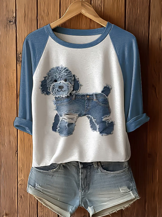 Comstylish Women's Retro Funny Animal Dog Print Raglan Sleeve T-shirt