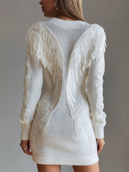 Christian Classy Angel Wings Pearls Beaded Cozy Knit Sweater Dress