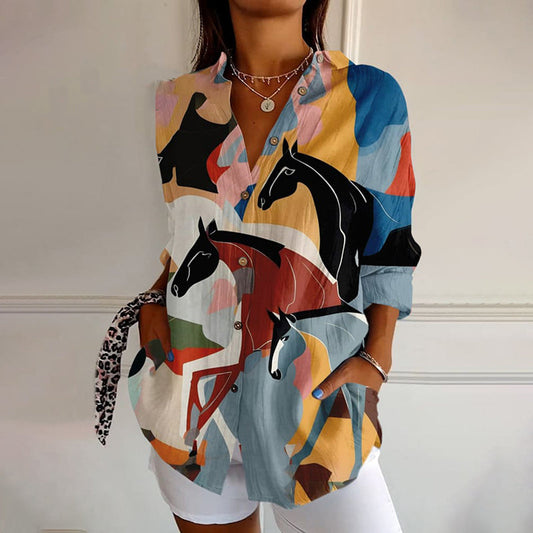 Comstylish Women's Horse Art Print Casual Long Sleeve Shirt