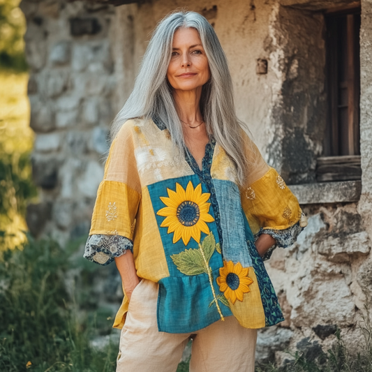 Bohemian Sunflower Linen Floral Art Print Long Sleeve V-neck Shirt artswardrobe
