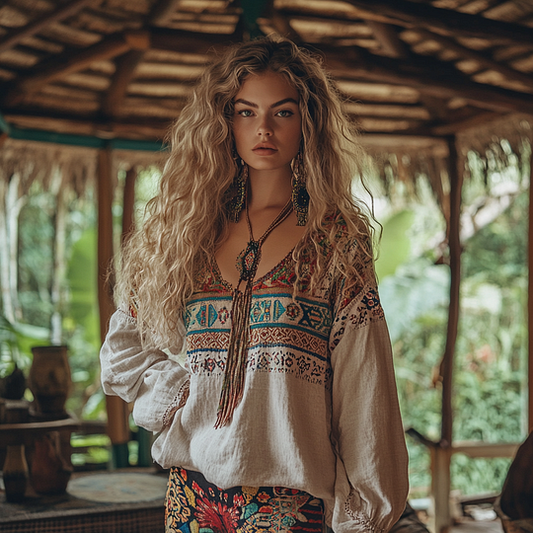 Retro Boho Art Embroidery Print Cotton And Linen V-neck Loose Shirt artswardrobe