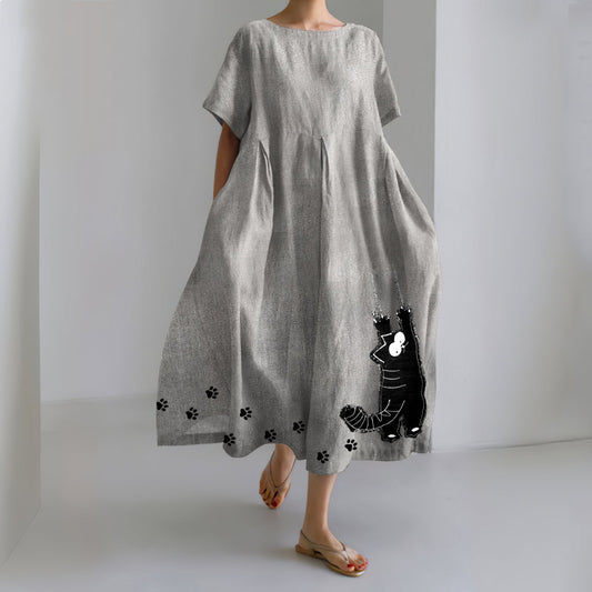 Stretching Cat & Paw Prints Embroidered Linen Blend Maxi Dress elevenforest
