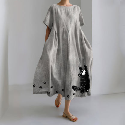 Comstylish Stretching Cat & Paw Prints Embroidered Linen Blend Maxi Dress
