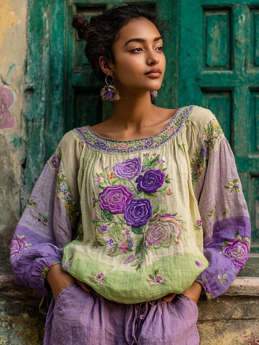 Ethnic Boho Floral Embroidery Women's Linen Loose Shirt artswardrobe
