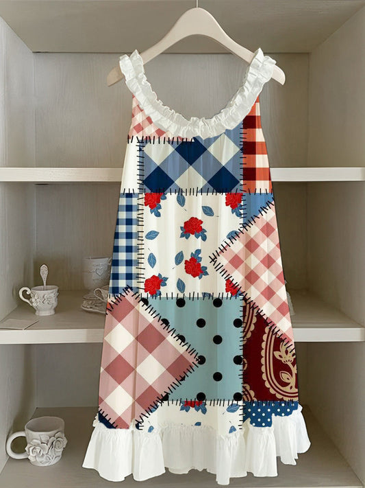 Vintage Floral Patchwork Art Women's Ruffle Tank Dress artswardrobe