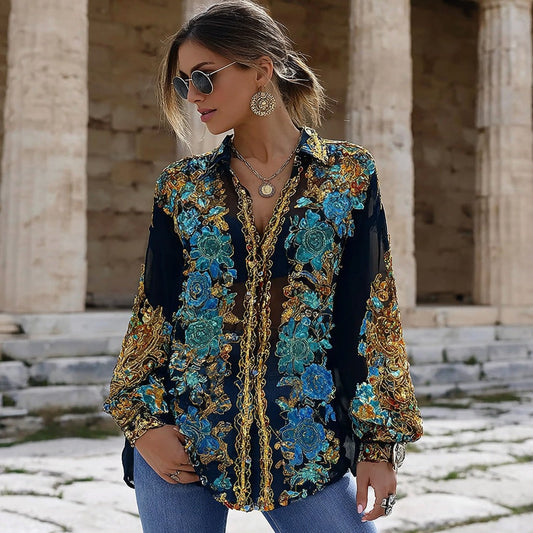 Comstylish Women's Ancient Egyptian Lotus Art Linen Blend Shirt