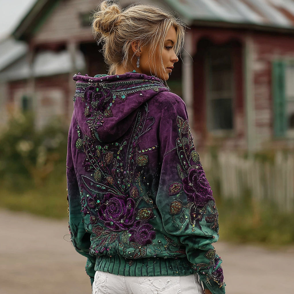 Women's Retro Purple Rose Gradient Pattern Casual Hoodie artswardrobe